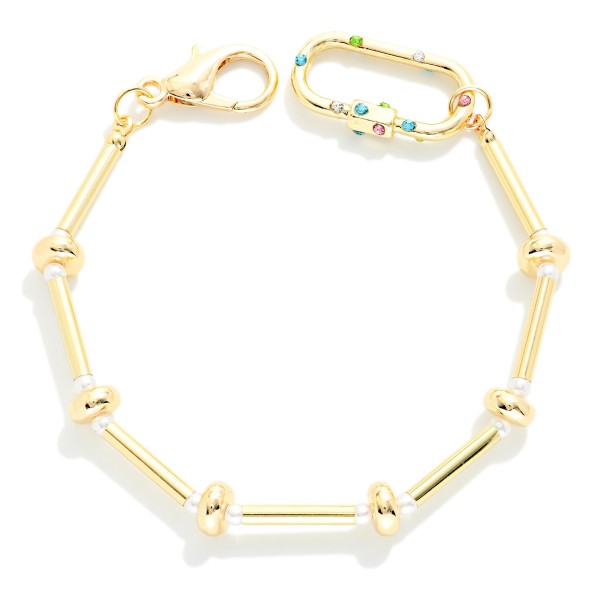Metal Bar & Disk Bracelet With Pearl & Carabiner Link Details 

- Approximately 3" D