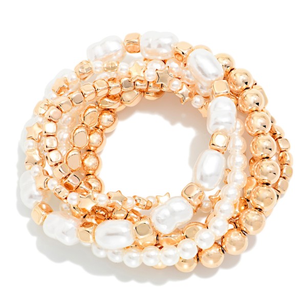 Set Of 6 Beaded Stretch Bracelets Featuring Pearls & Metal Tones 

- Approximately 2.5" D