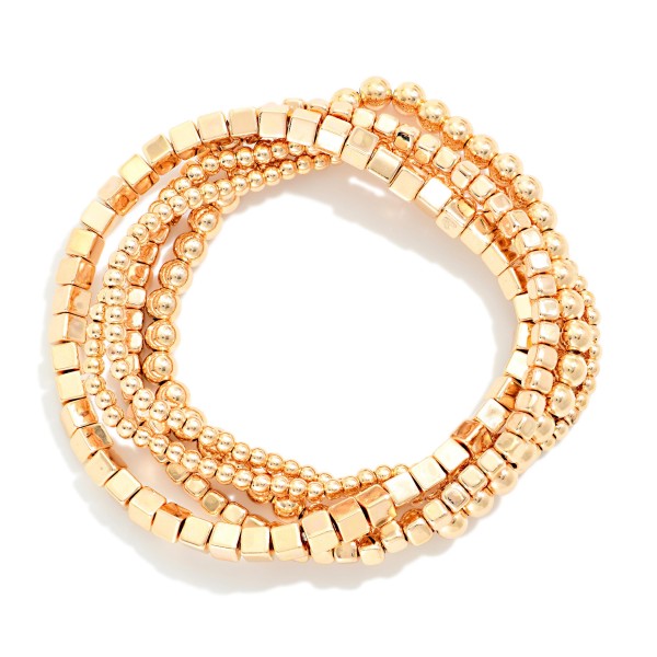 Set Of Five Gold Tone Mixed Beaded Stretch Bracelets 

Approximately 2.5" D
