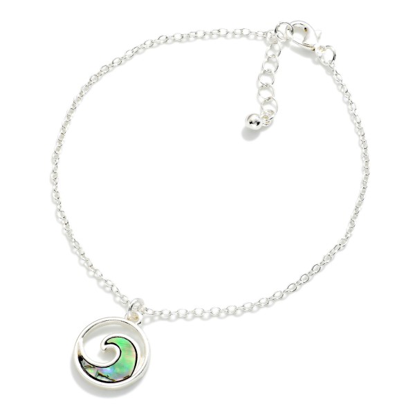 Chain Link Anklet Featuring Metal Pearlescent Wave Charm

- Approximately 2" D
- Extender 2" L  