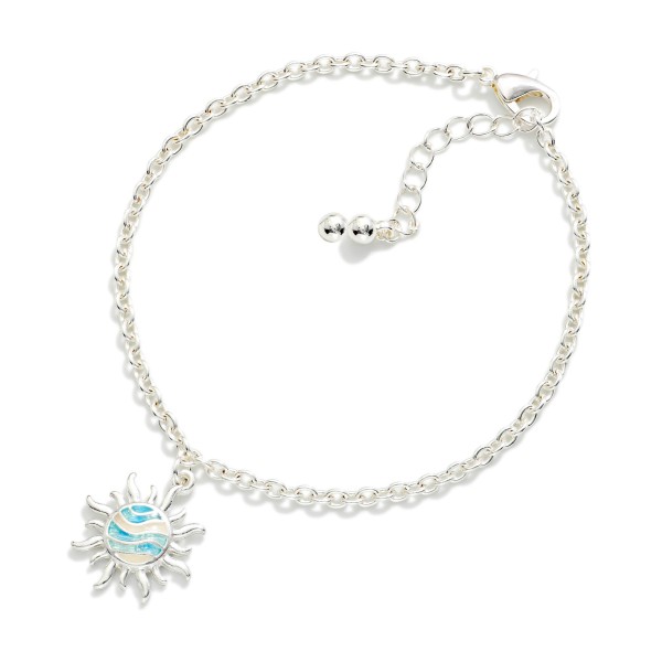 Chain Link Anklet Featuring Painted Metal Sun Charm 

- Approximately 4" D
- Extender 1" L
