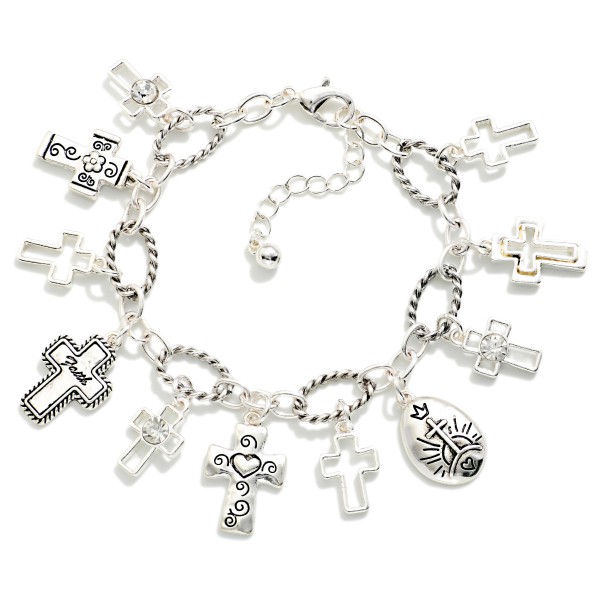 Twisted Link Chain Link Bracelet Featuring Metal Tone Engraved Cross Charms 

- Approximately 3" D
- Extender 1" L 