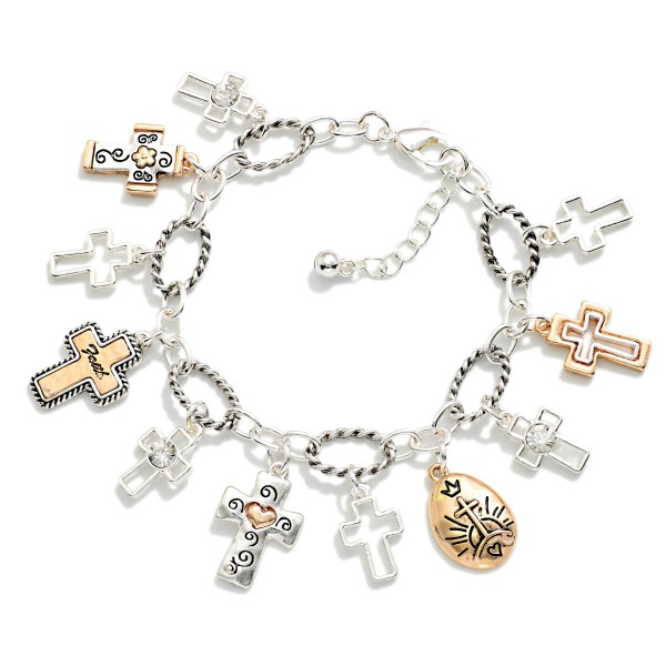 Twisted Link Chain Link Bracelet Featuring Metal Tone Engraved Cross Charms 

- Approximately 3" D
- Extender 1" L 