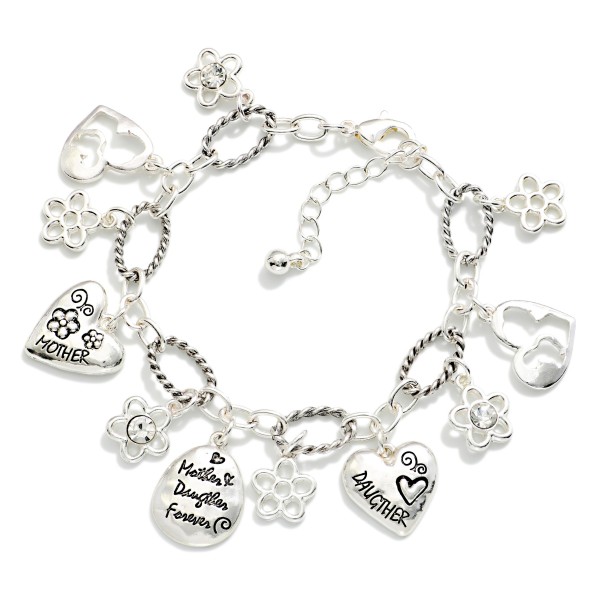 Twisted Link Chain Link Bracelet Featuring Metal Tone Flowers & Mother Daughter Engraved Heart Charms

- Approximately 3" D
- Extender 1" L 