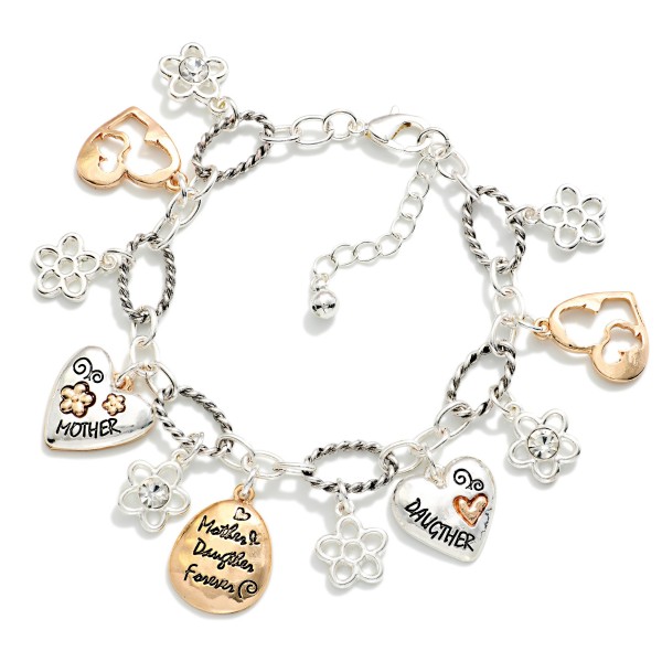 Twisted Link Chain Link Bracelet Featuring Metal Tone Flowers & Mother Daughter Engraved Heart Charms

- Approximately 3" D
- Extender 1" L 