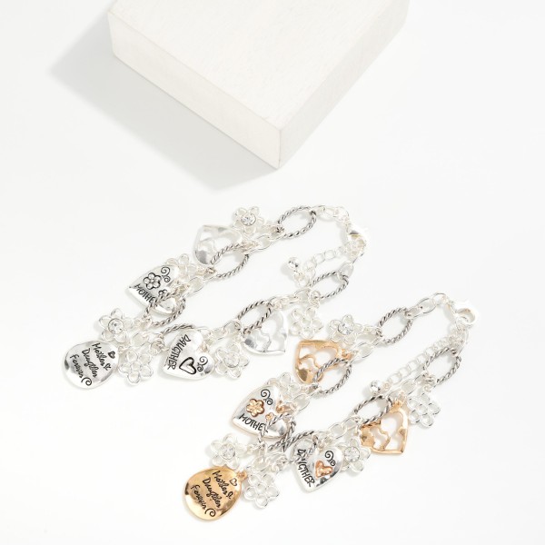 Twisted Link Chain Link Bracelet Featuring Metal Tone Flowers & Mother Daughter Engraved Heart Charms

- Approximately 3" D
- Extender 1" L 