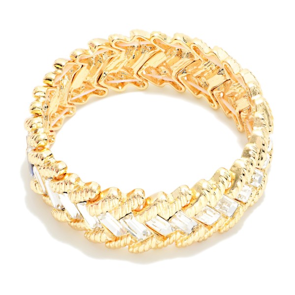 Ribbed Metal & Baguette Cut Rhinestone Stretch Bangle Bracelet 

- Approximately 2.5" D