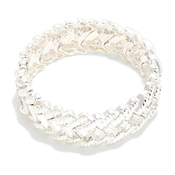 Ribbed Metal & Baguette Cut Rhinestone Stretch Bangle Bracelet 

- Approximately 2.5" D