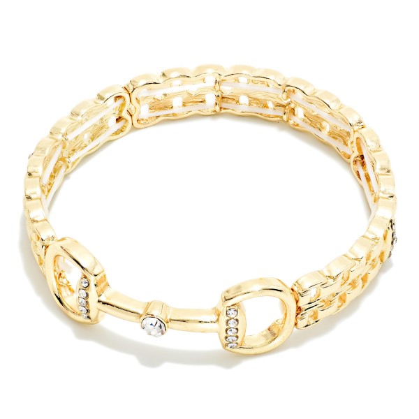 Chain Link Watch Band Bangle Stretch Bracelet Featuring Metal Tone Horsebit Detail 

- Approximately 2.5" D