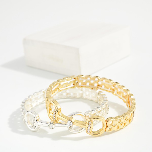 Chain Link Watch Band Bangle Stretch Bracelet Featuring Metal Tone Horsebit Detail 

- Approximately 2.5" D