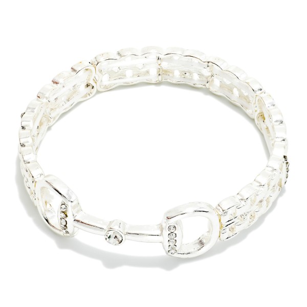 Chain Link Watch Band Bangle Stretch Bracelet Featuring Metal Tone Horsebit Detail 

- Approximately 2.5" D