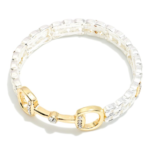 Chain Link Watch Band Bangle Stretch Bracelet Featuring Metal Tone Horsebit Detail 

- Approximately 2.5" D
