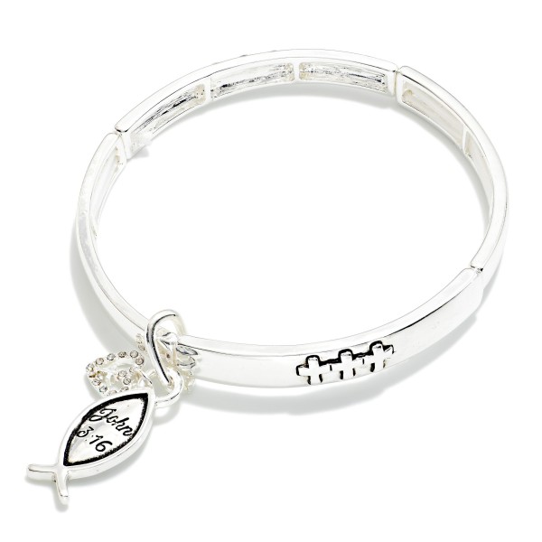 Metal Tone Bangle Stretch Bracelet Featuring Crosses With Ichthys & Heart Charms 

- Approximately 2.5" D
