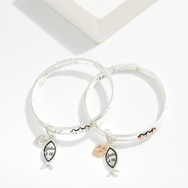 Metal Tone Bangle Stretch Bracelet Featuring Crosses With Ichthys & Heart Charms 

- Approximately 2.5" D
