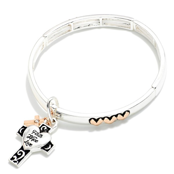 Metal Tone Bangle Stretch Bracelet With Hearts Featuring Cross & Heart Charm

- Approximately 2.5" D