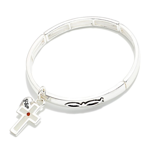 Metal Tone Bangle Stretch Bracelet Featuring Ichthys With Cross & Heart Charms 

- Approximately 2.5" D