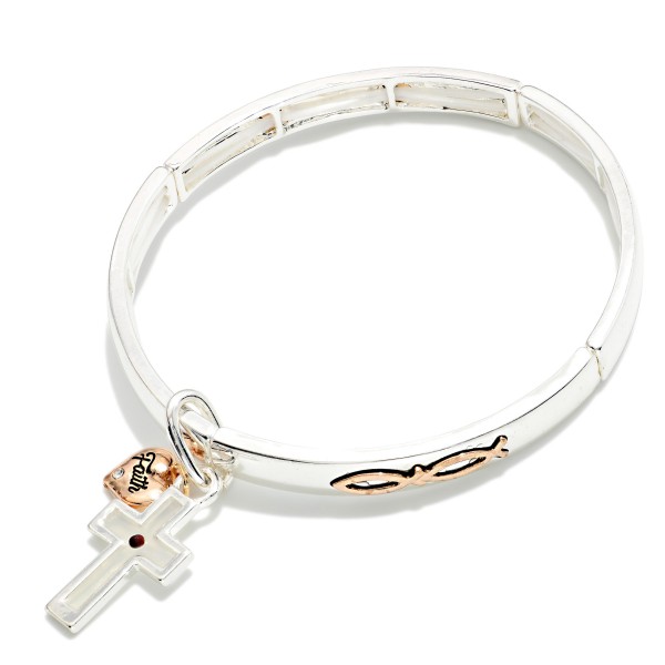 Metal Tone Bangle Stretch Bracelet Featuring Ichthys With Cross & Heart Charms 

- Approximately 2.5" D