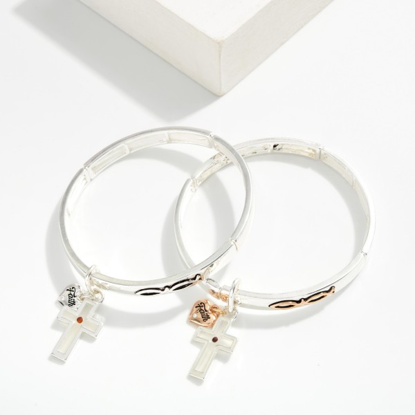 Metal Tone Bangle Stretch Bracelet Featuring Ichthys With Cross & Heart Charms 

- Approximately 2.5" D