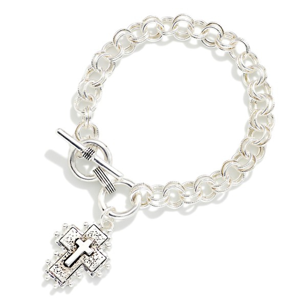 Double Circle Link Chain Link Bracelet Featuring Metal Tone Cross Charm 

- Approximately 3" D