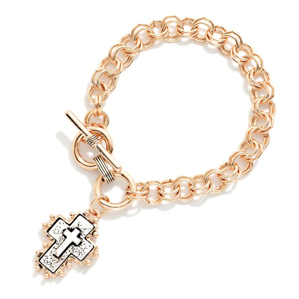 Double Circle Link Chain Link Bracelet Featuring Metal Tone Cross Charm 

- Approximately 3" D