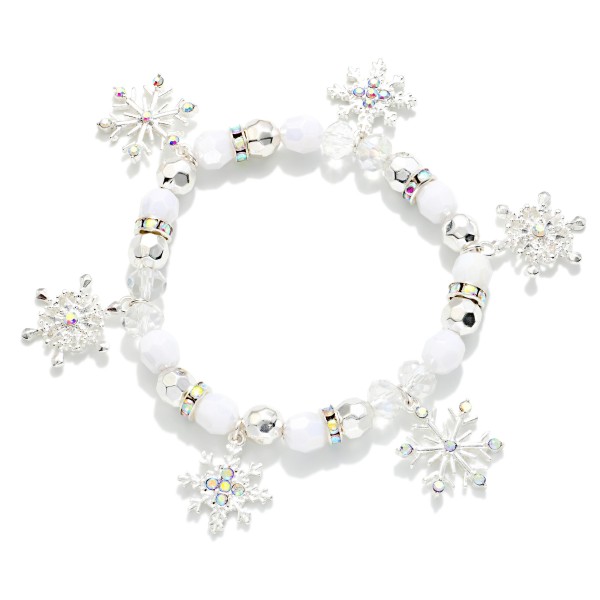 Faceted Bead & Rhinestone Bead Stretch Bracelet Featuring Metal Tone Snow Flake Charms 

- Approximately 2.5" D