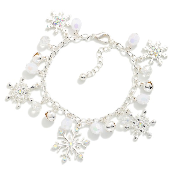 Chain Link Bracelet Featuring Metal Tone Snowflakes & Faceted Bead Charms 

- Approximately 2.5" D