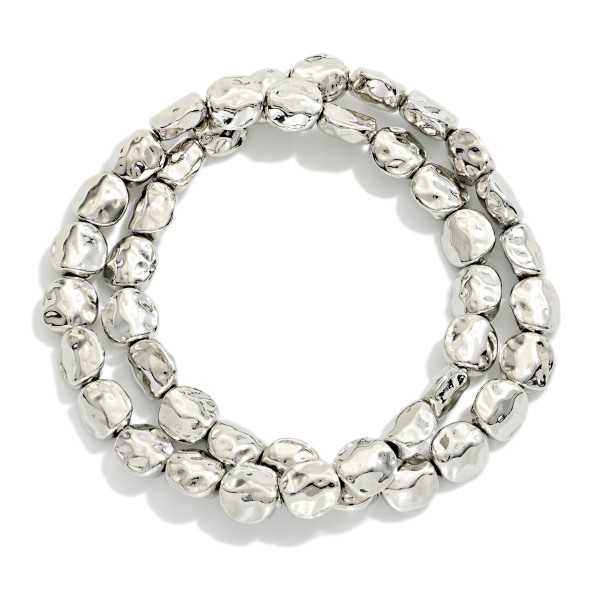 Set Of Two Hammered Metal Nugget Bead Beaded Stretch Bracelets

- Approximately 2.25" D