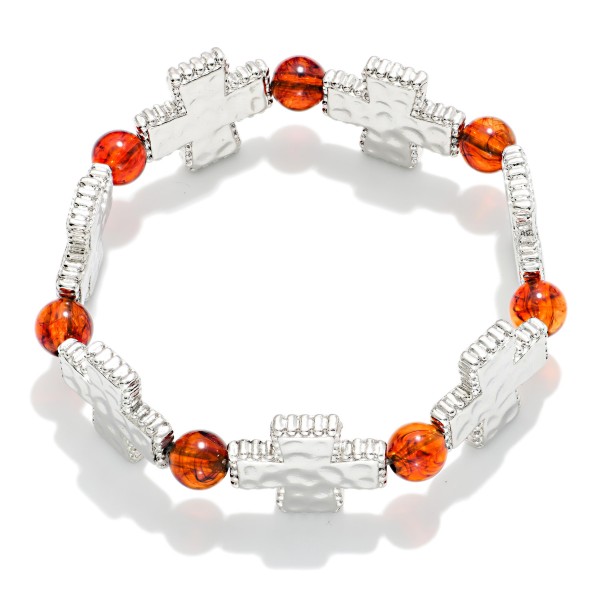 Beaded Stretch Bracelet Featuring Hammered Metal Plus Crosses & Acetate Beads

- Approximately 2.25" D