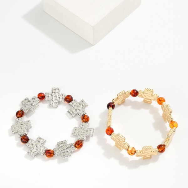 Beaded Stretch Bracelet Featuring Hammered Metal Plus Crosses & Acetate Beads

- Approximately 2.25" D