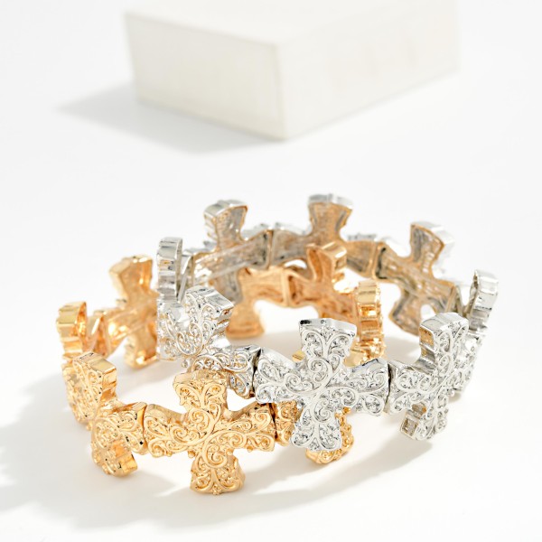 Metal Tone Baroque Plus Crosses Stretch Bracelet 

- Approximately 2.25" D