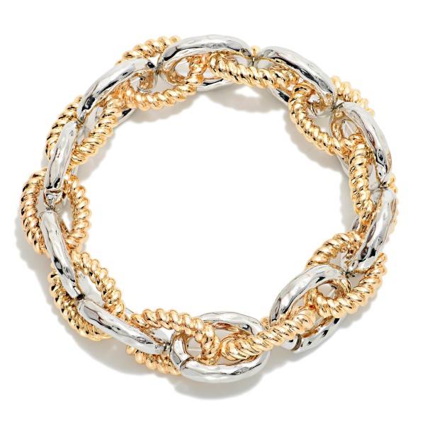 Metal Tone Chain Link Stretch Bracelet Featuring Twisted Links 

- Approximately 2.5" D