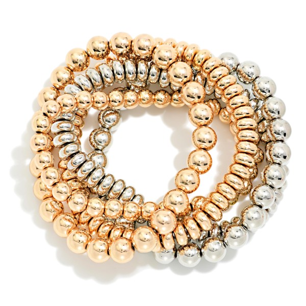 Set Of Five Metal Beaded Stretch Bracelets Featuring Two Tones 

- Approximately 3" D 