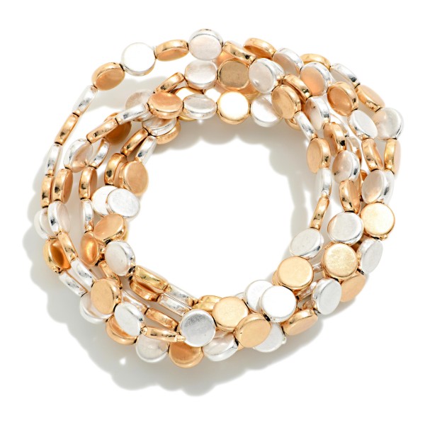 Set Of Five Metal Tone Flat Bead Beaded Stretch Bracelets 

- Approximately 2.5" D