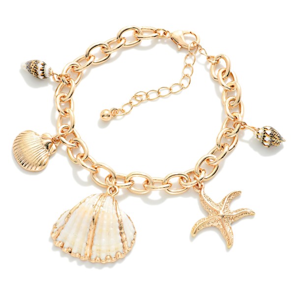 Chain Link Bracelet Featuring Metal Tone Starfish & Shells Charms 

- Approximately 3" D