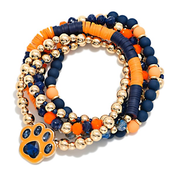 Set OF Five Multi Bead Beaded Stretch Bracelets Featuring Rhinestone & Enamel Paw Print Charm 

- Approximately 3.5" D