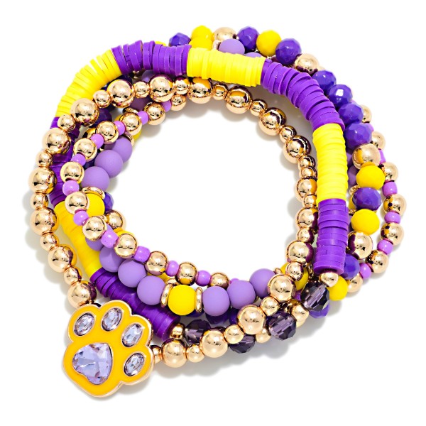 Set OF Five Multi Bead Beaded Stretch Bracelets Featuring Rhinestone & Enamel Paw Print Charm 

- Approximately 3.5" D