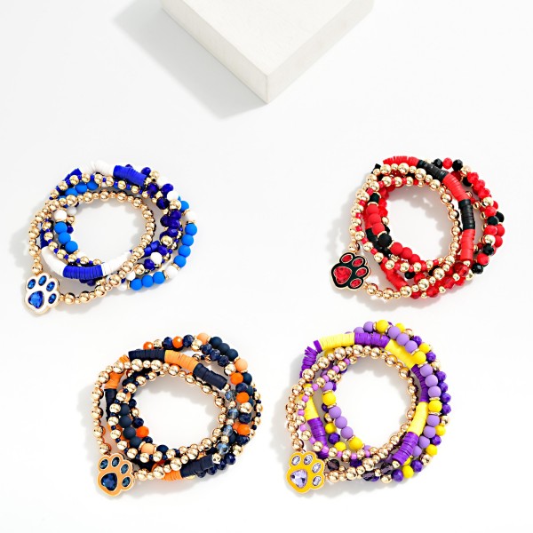 Set OF Five Multi Bead Beaded Stretch Bracelets Featuring Rhinestone & Enamel Paw Print Charm 

- Approximately 3.5" D