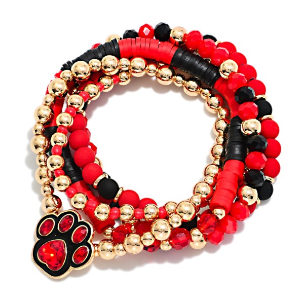 Set OF Five Multi Bead Beaded Stretch Bracelets Featuring Rhinestone & Enamel Paw Print Charm 

- Approximately 3.5" D