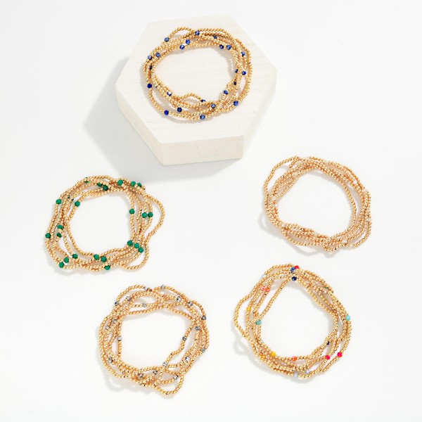 Set Of 5 Metal Tone Petite Bead & Faceted Bead Beaded Stretch Bracelets

- Approximately 2.5" D