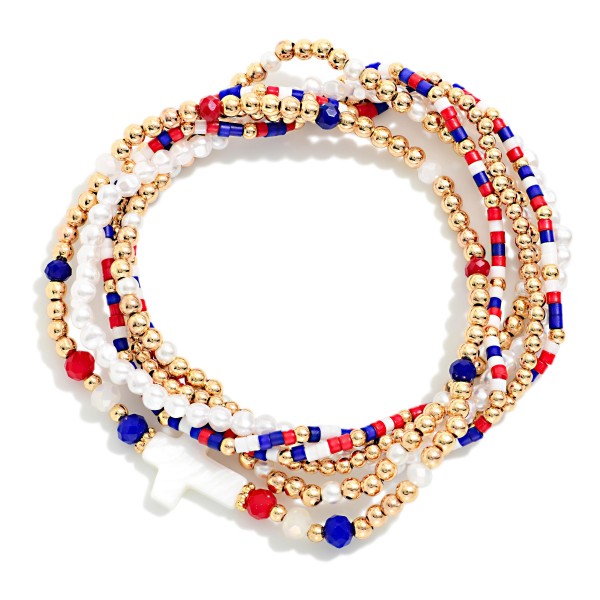 Set Of Six Beaded Americana Stretch Bracelets Featuring Pearls, Metal Tones, & East West Cross

- Approximately 2.5" D