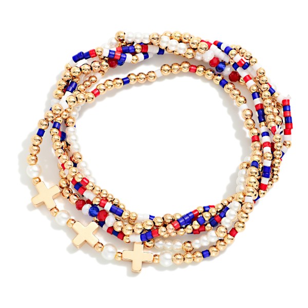Set Of Six Beaded Americana Stretch Bracelets Featuring Metal Tone Plus Crosses

- Approximately 2.5" D