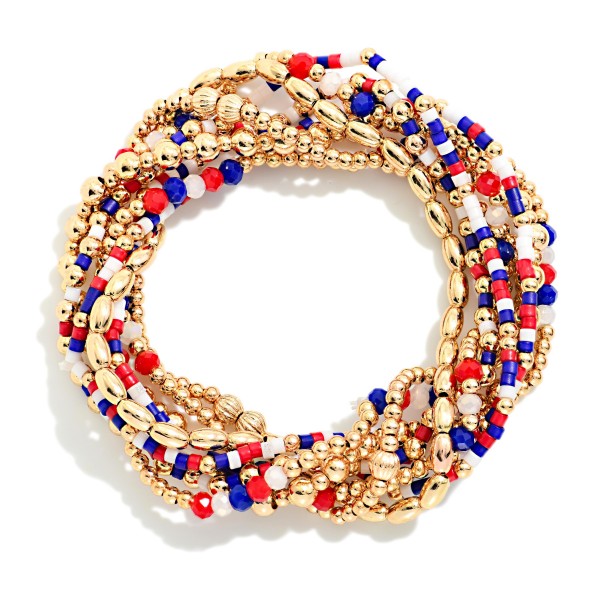 Set Of 8 Red, White, Blue, & Metal Tone Beaded Stretch Bracelets 

- Approximately 2.5" D