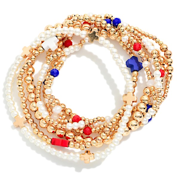 Set Of Seven Beaded Americana Stretch Bracelets Featuring Metal Tones, Pearls, & Plus Crosses

- Approximately 2.5" D