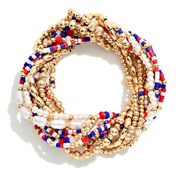 Set Of 12 Red, White, Blue, & Metal Tone Beaded Stretch Bracelets 

- Approximately 2.5" D