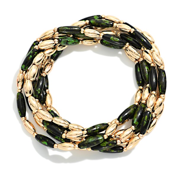 Set Of Six Metal Tone & Speckled Acrylic Long Oval Beaded Bracelets 

-Approximately 2.5" D