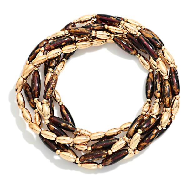 Set Of Six Metal Tone & Speckled Acrylic Long Oval Beaded Bracelets 

-Approximately 2.5" D