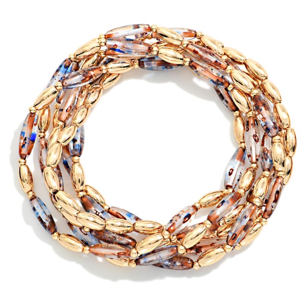 Set Of Six Metal Tone & Speckled Acrylic Long Oval Beaded Bracelets 

-Approximately 2.5" D
