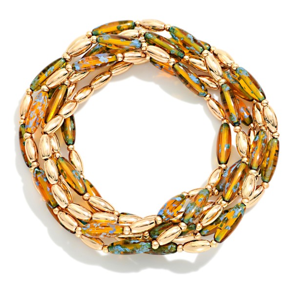 Set Of Six Metal Tone & Speckled Acrylic Long Oval Beaded Bracelets 

-Approximately 2.5" D