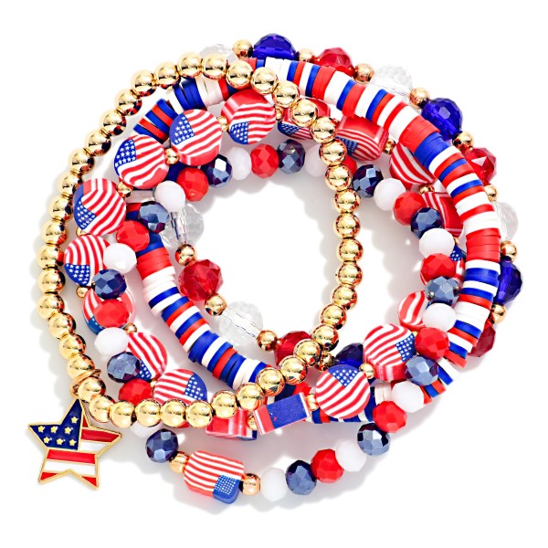 Set Of Five Beaded Americana Stretch Bracelets Featuring American Flag & Heishi Beads 

- Approximately 2.5" D