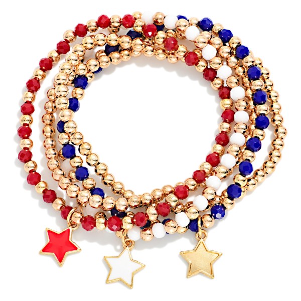 Set Of Five Beaded Americana Stretch Bracelets Featuring Enamel Star Charms 

- Approximately 2.5" D